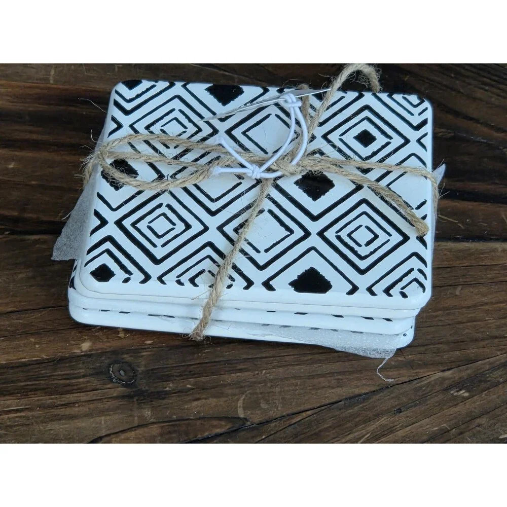 Pier 1  set of 4 square ceramic coasters, bold black & white geometric pattern